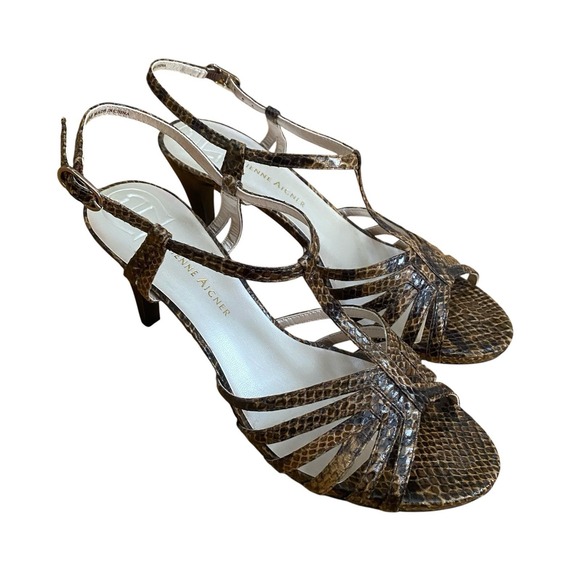 Etienne Aigner Womans Brown Black Snake‎ Skin Open Toe Pumps Sandals Shoes Sz 10 - Picture 1 of 9